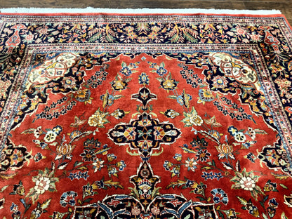 Indo Persian Rug 7x10 Vintage Handmade Wool Carpet Floral Medallion Red And Midnight Blue