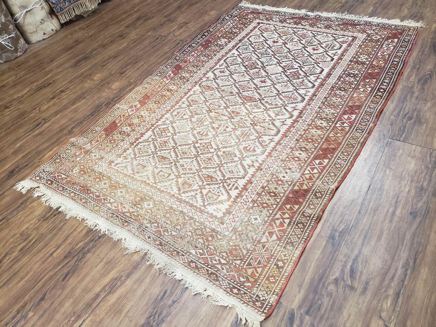 Antique Shirvan Rug 4x6 Dagestan Wool Hand Knotted Soft Red Ivory Oriental Carpet