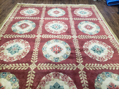 Aubusson Rug Nepalese Hand Knotted Wool 6x9 Red Ivory Area Rug For Office