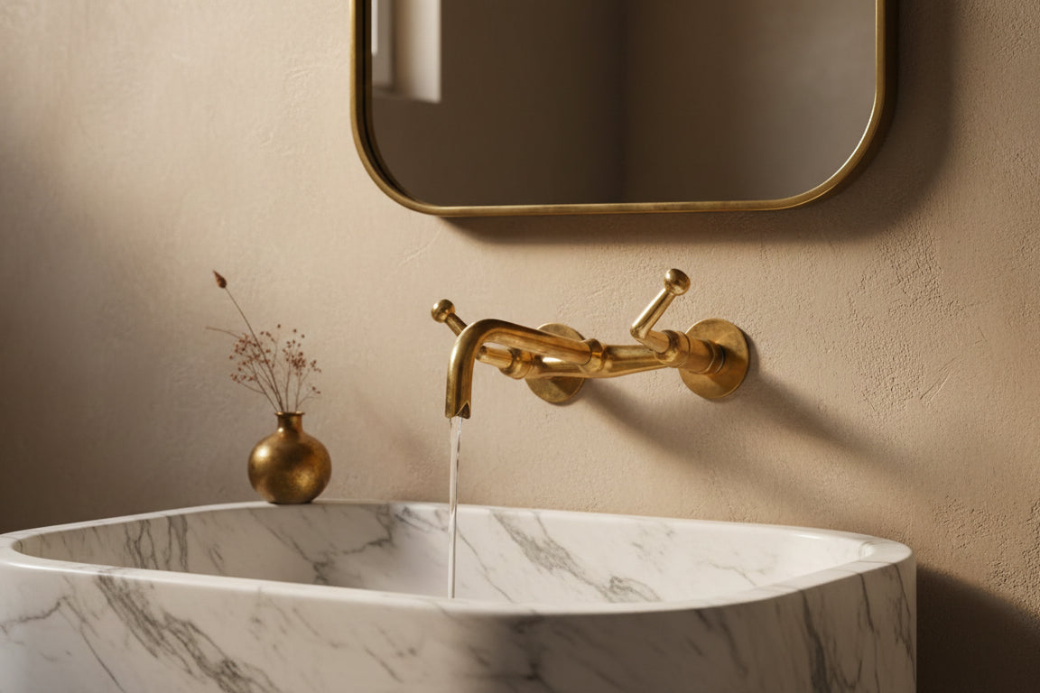 Vintage-style brass wall faucet with marble basin and brass-framed mirror.