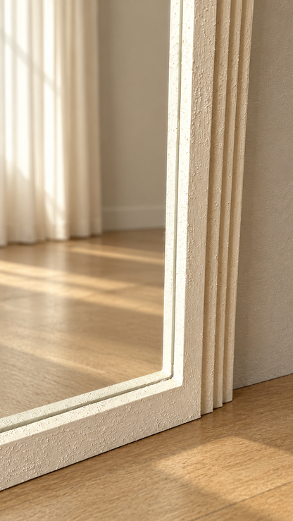 Close-up of a textured cream-colored frame or panel with a glass or reflective surface, set in a warm, sunlit room with light wood flooring and soft window light.
