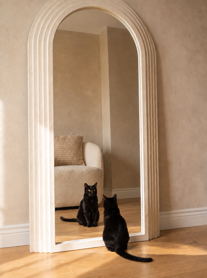 A tall arched floor mirror with a cream-colored frame stands on a light wood floor against a beige wall. A black cat sits in front of the mirror, and its reflection is visible, with a matching armchair reflected in the background.