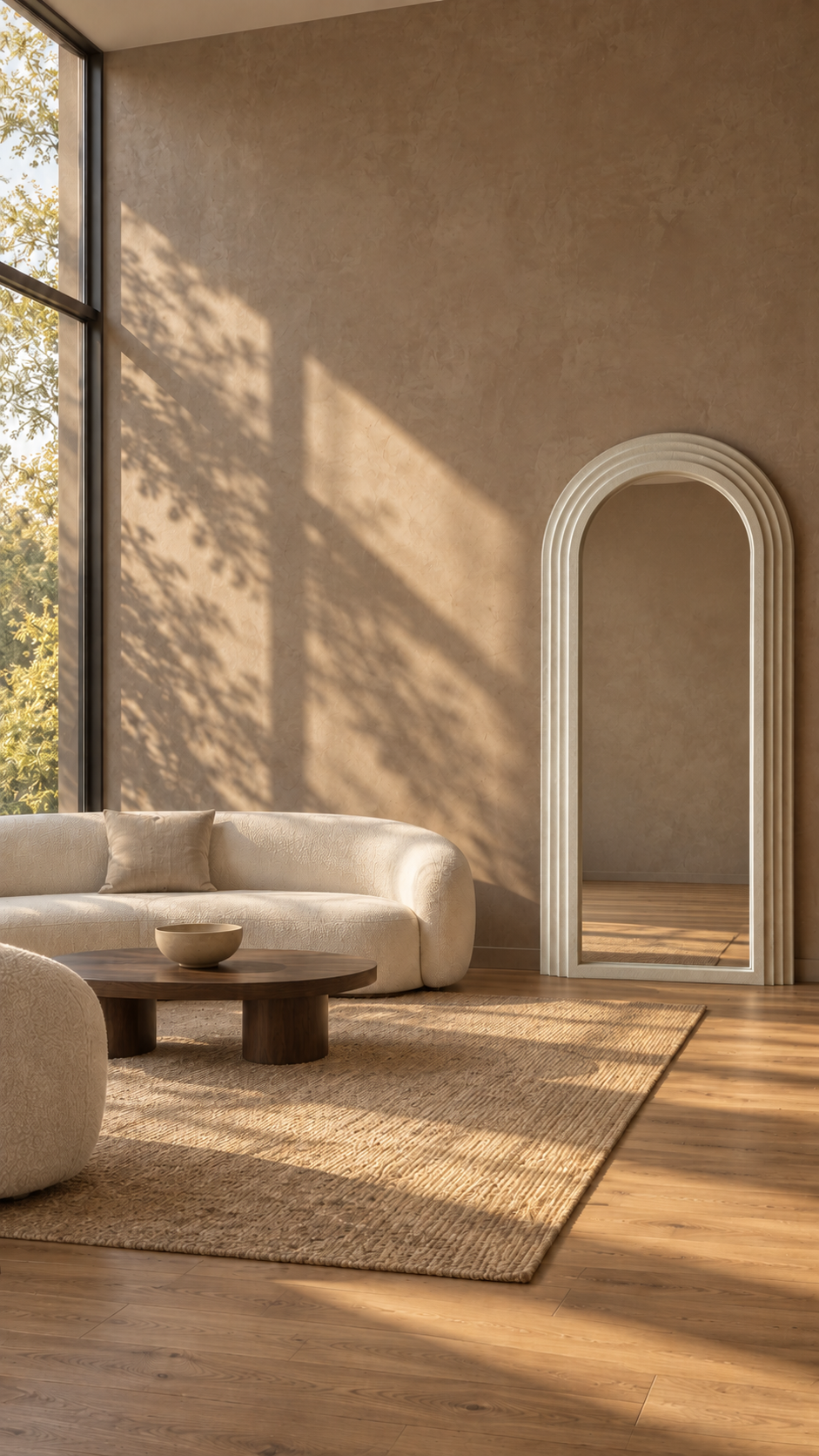 A modern living room with a curved cream sofa, a round dark wood coffee table, a woven jute rug, and a tall arched mirror leaning against a textured beige wall. Sunlight streams through a large window, casting dappled shadows on the wall and floor.