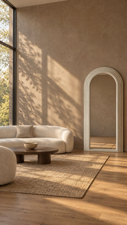 A modern living room with a curved cream sofa, a round dark wood coffee table, a woven jute rug, and a tall arched mirror leaning against a textured beige wall. Sunlight streams through a large window, casting dappled shadows on the wall and floor.