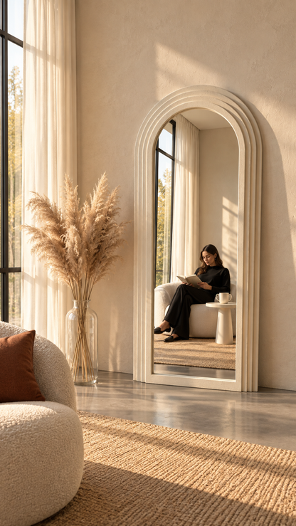 A large arched full-length floor mirror with a cream frame stands in a sunlit room, reflecting a woman sitting on a sofa and reading. The room has warm beige walls, a textured rug, a pampas grass arrangement in a glass vase, and a curved upholstered chair in the foreground.