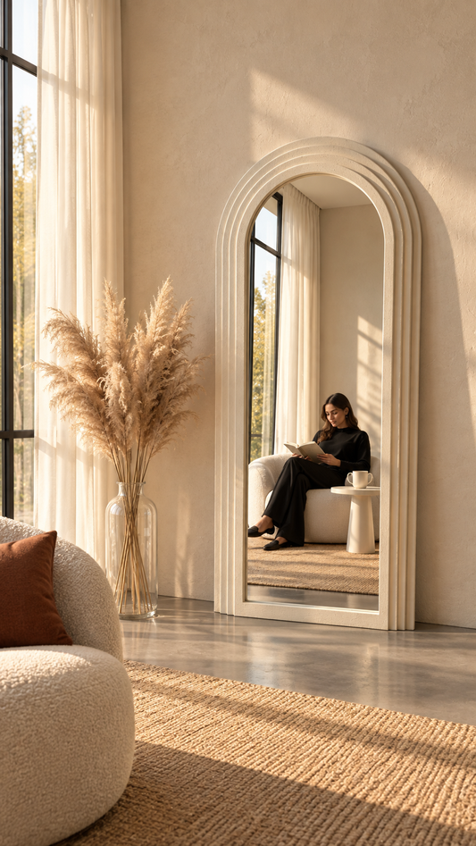 A large arched full-length floor mirror with a cream frame stands in a sunlit room, reflecting a woman sitting on a sofa and reading. The room has warm beige walls, a textured rug, a pampas grass arrangement in a glass vase, and a curved upholstered chair in the foreground.