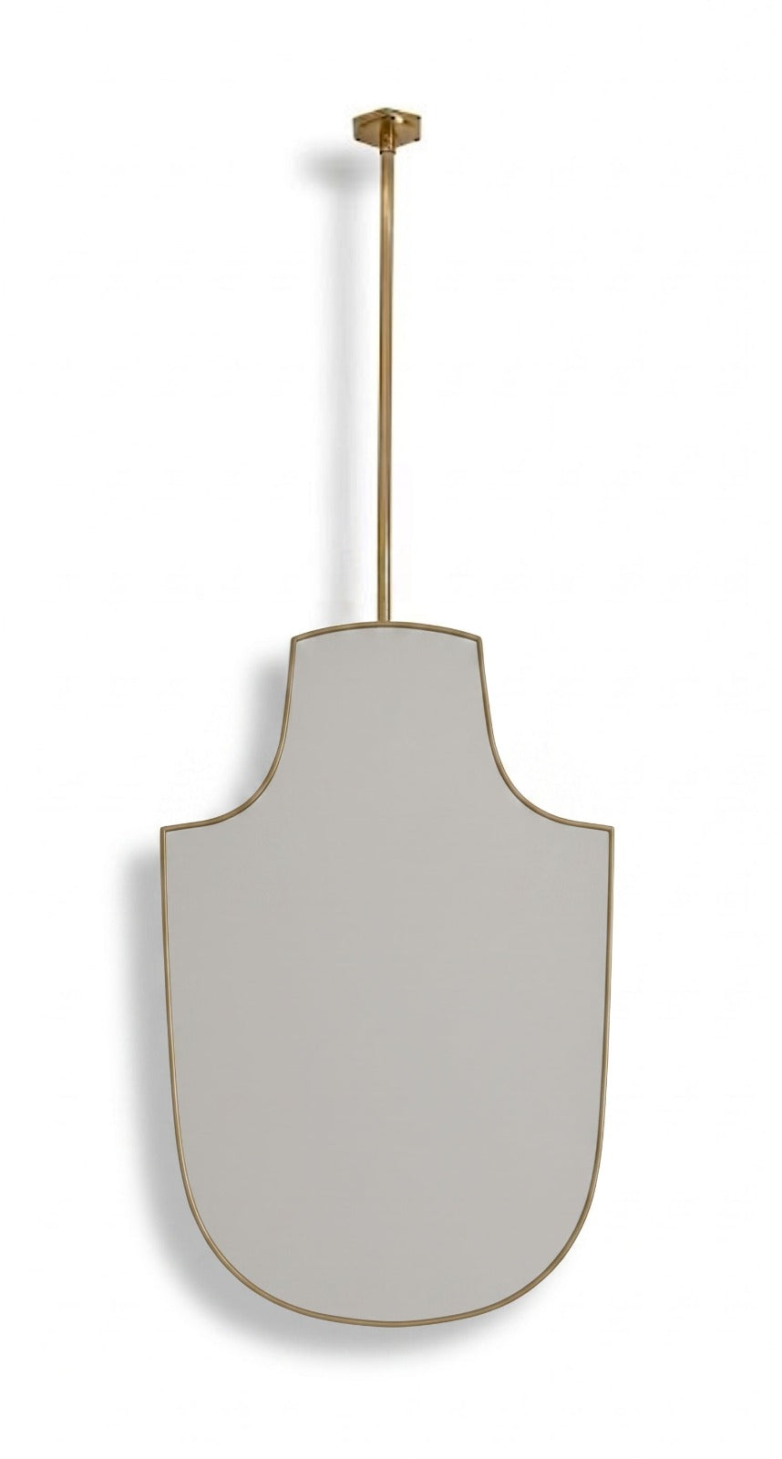 Handmade ceiling mounted brass mirror with architectural silhouette on a clean white background.