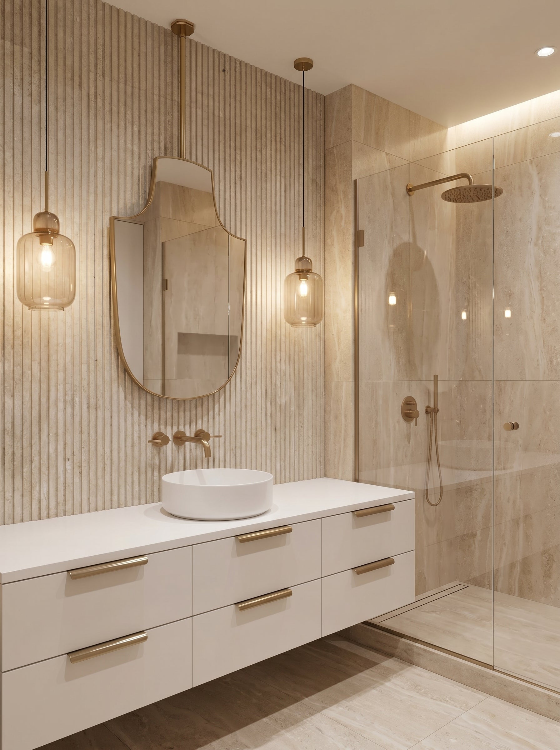 Luxury suspended brass vanity mirror in a modern bathroom with fluted walls and warm pendant lighting.
