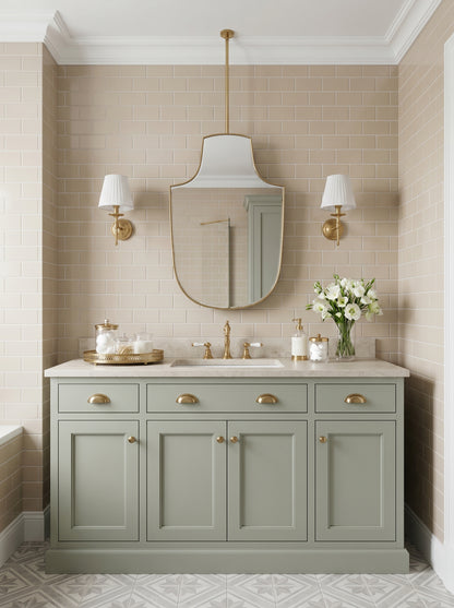 Custom ceiling mounted brass mirror styled with soft green cabinetry, white flowers, and brass sconces.