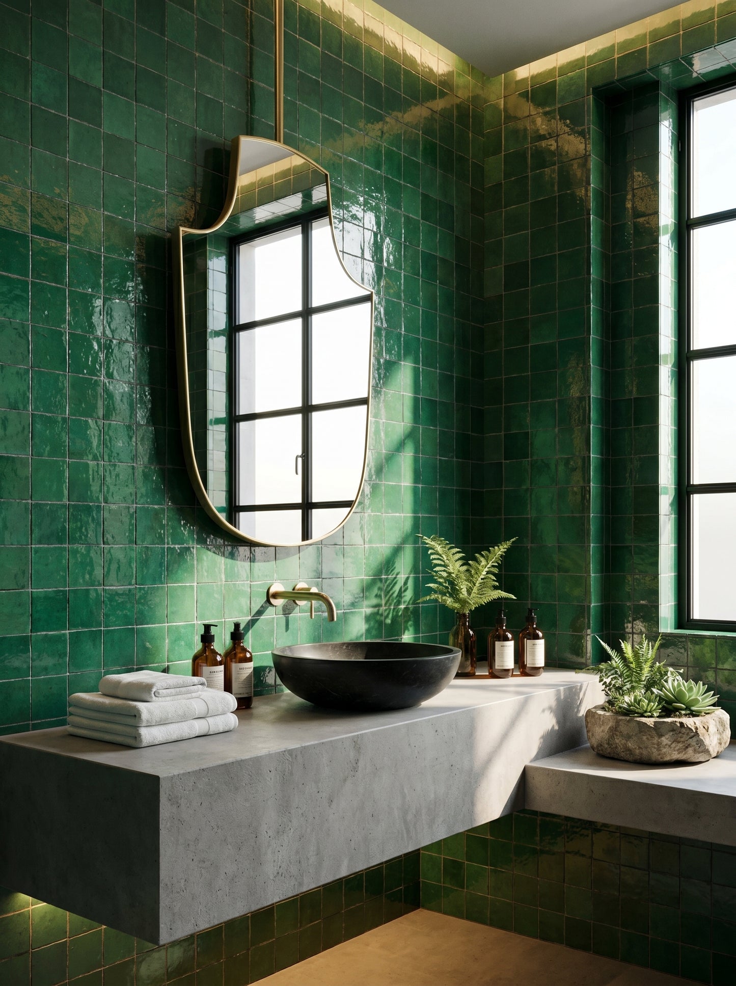 Handcrafted brass hanging mirror with geometric Art Deco shape in a bathroom with green zellige tiles.