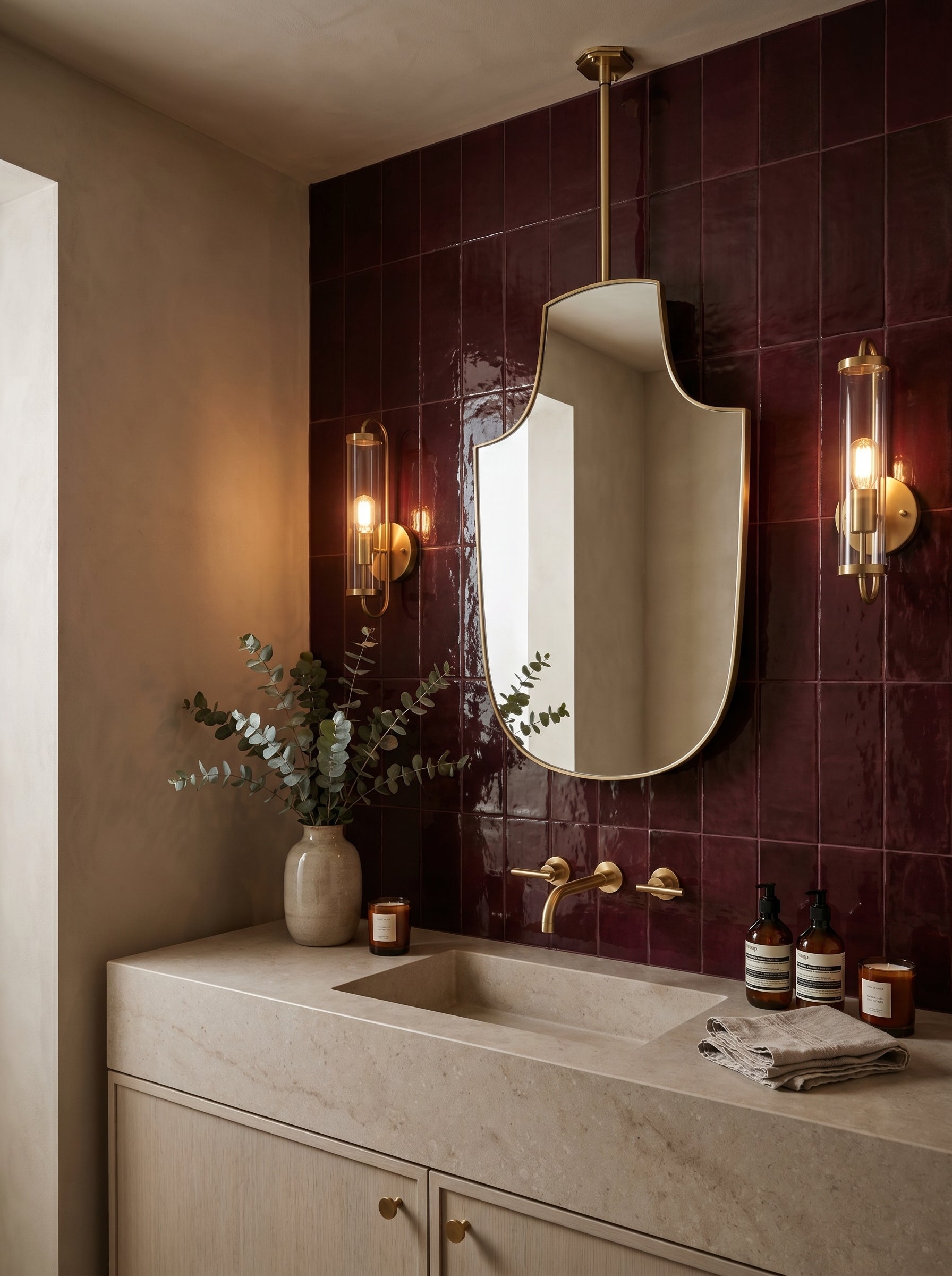 Art Deco suspended brass mirror above a stone vanity with burgundy zellige tile and brass wall sconces.