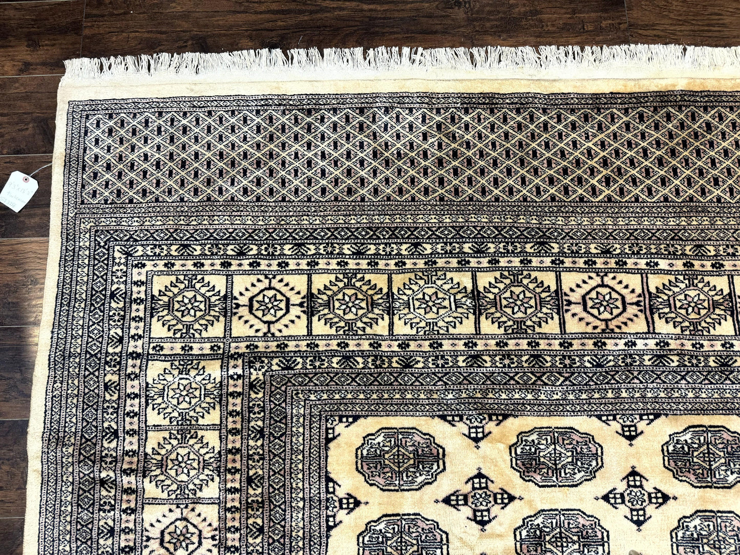 Pakistani Bokhara Turkoman Rug 9x11, Cream, Handmade Wool Vintage Carpet