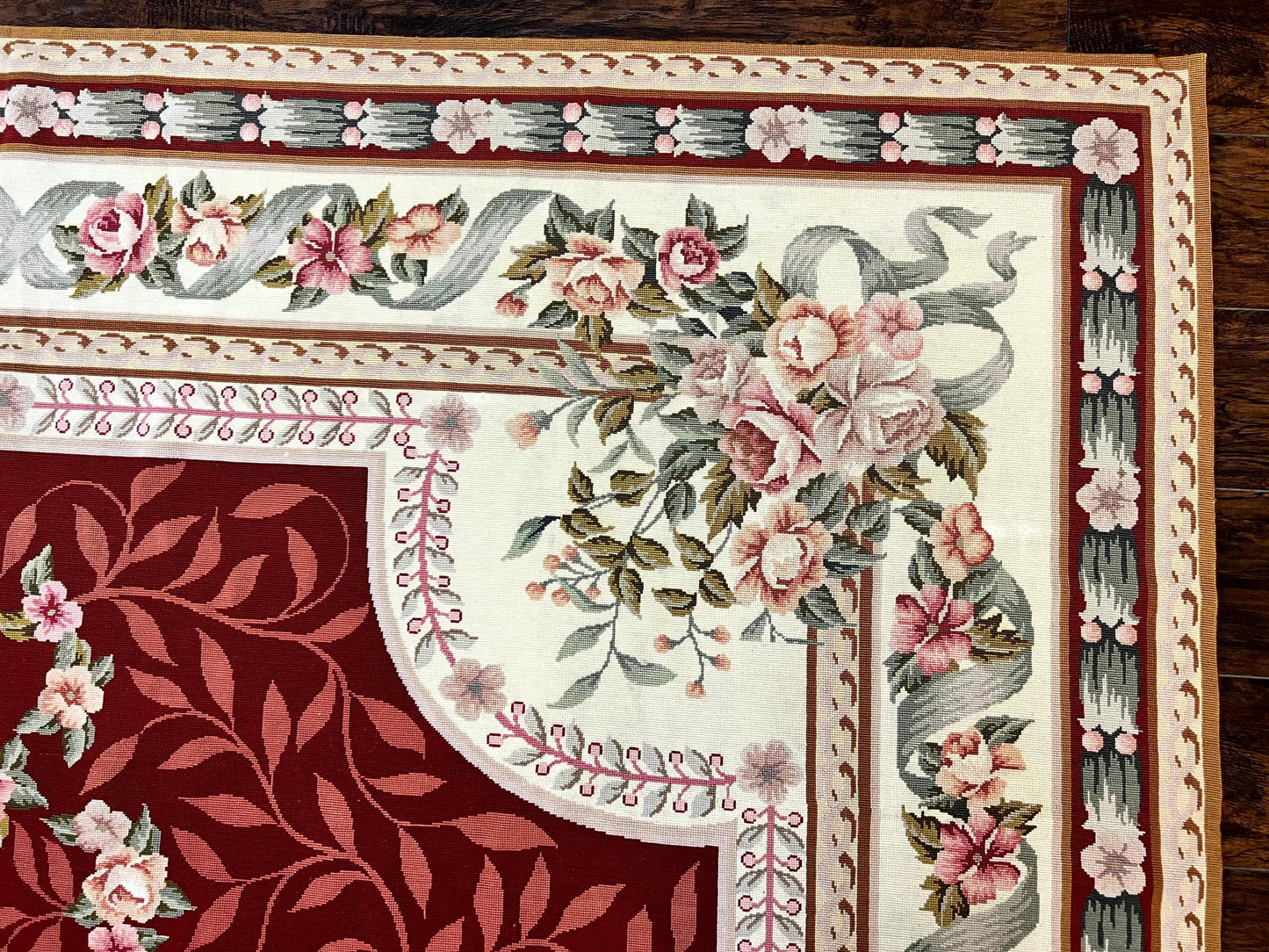 Aubusson Rug Handmade Vintage Needlepoint Carpet 9x12 Red Ivory Wool Elegant European Design