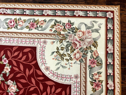 Aubusson Rug Handmade Vintage Needlepoint Carpet 9x12 Red Ivory Wool Elegant European Design