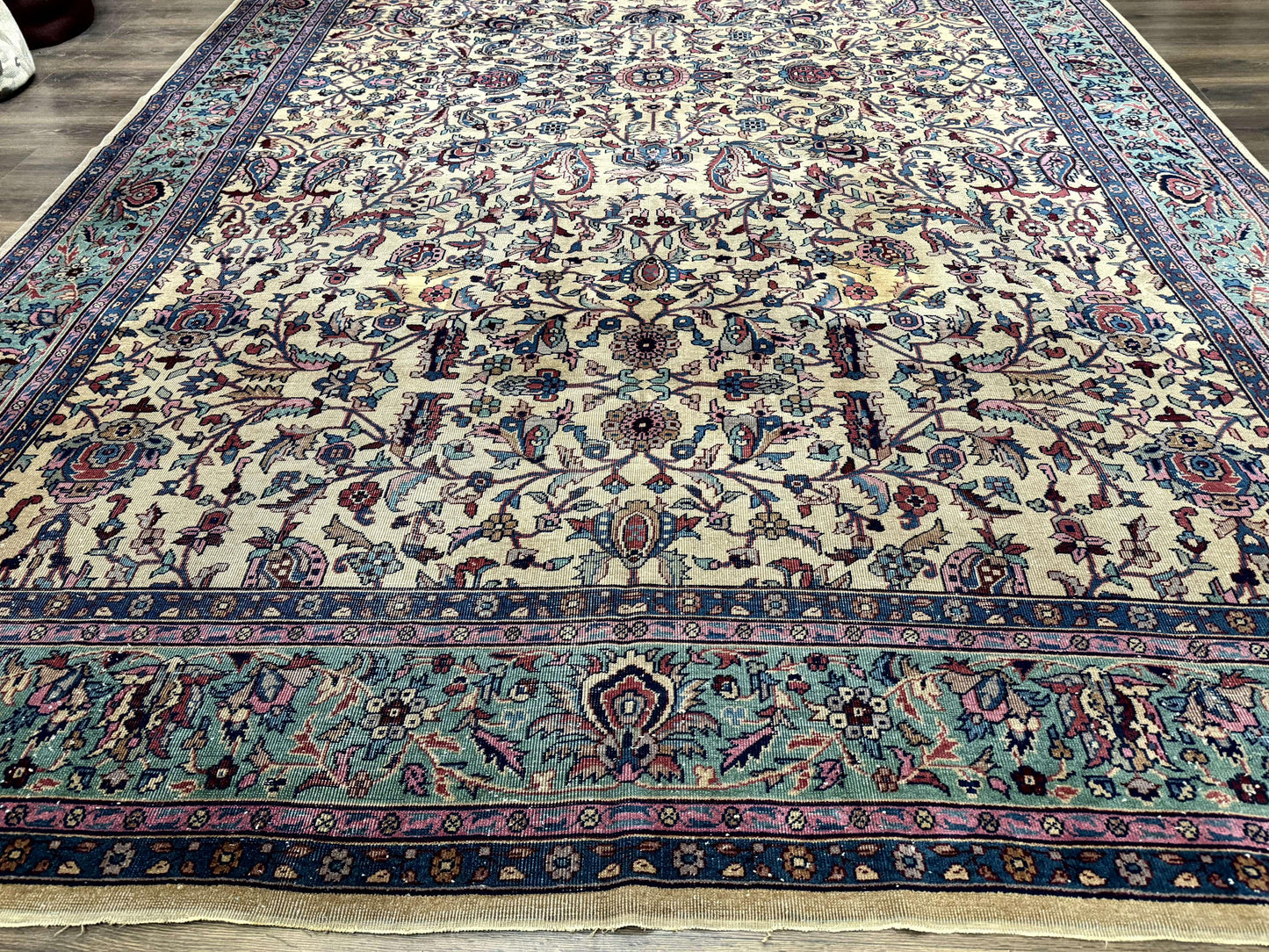 Rare Antique Persian Samarkand Rug 10x15 Camel And Cyan Allover Pattern