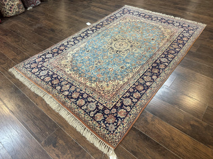 Light Blue Persian Isfahan Rug 5x8, Floral Medallion, Wool on Silk Foundation, Very Fine 530 KPSI, Handmade Carpet
