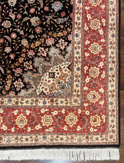 Marvelous Persian Tabriz Rug 7x10 ft, Super Fine 50 Raj, 300+ KPSI, Black and Rust Red, Floral Medallion Handmade Wool Oriental Carpet, Top Quality