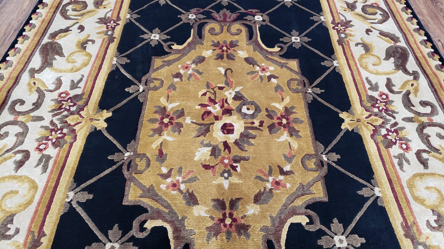 Nepal Rug 6x9 Hand Knotted Wool Aubusson Area Rug Black Beige Tibetan Savonnerie Style