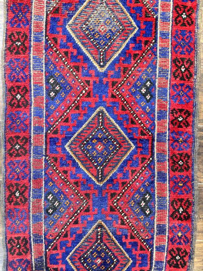 Turkoman Runner Rug 2x8.6 Handmade Wool Hallway Runner Vintage Red Blue