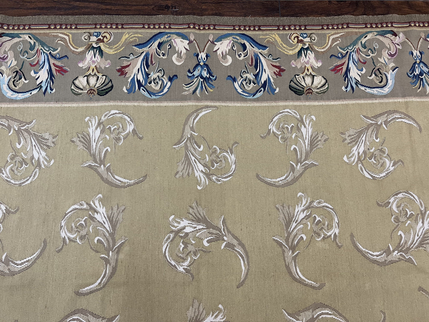 Vintage Aubusson Flatweave Area Rug 9x12, Aubusson Weave, Wool, Beige, Handmade, French European Design, 8'9" x 11'9"