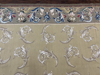 Vintage Aubusson Flatweave Area Rug 9x12, Aubusson Weave, Wool, Beige, Handmade, French European Design, 8'9" x 11'9"