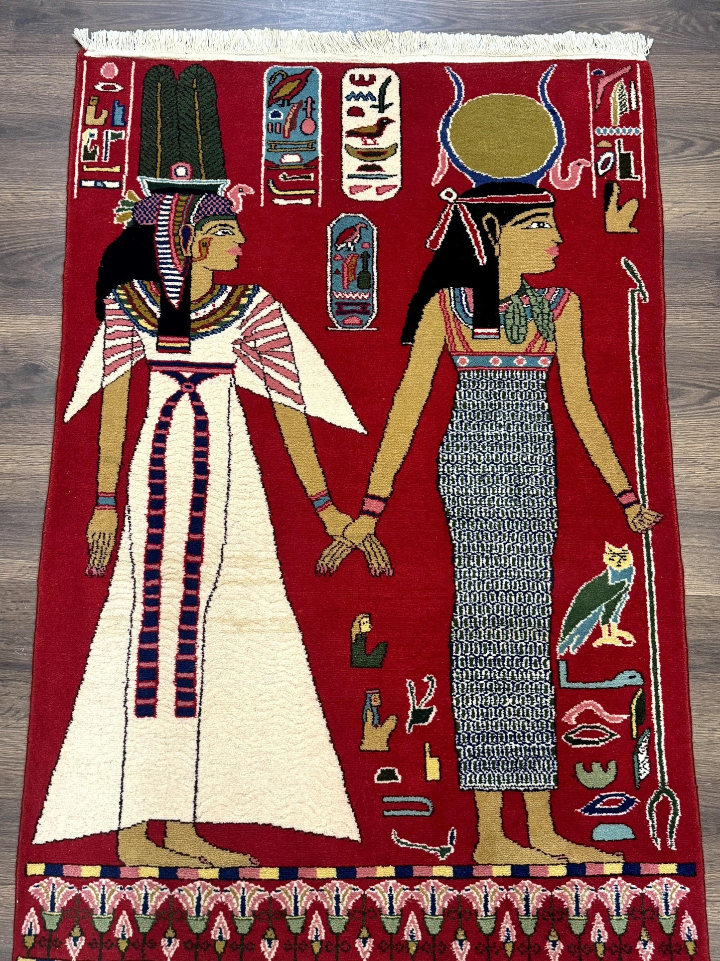 Egyptian Pictorial Rug 3x4, Hieroglyphic Pictorial Rug, Egyptian Prince and Princess, Cleopatra, Vintage Handmade, Red