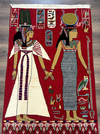 Egyptian Pictorial Rug 3x4, Hieroglyphic Pictorial Rug, Egyptian Prince and Princess, Cleopatra, Vintage Handmade, Red