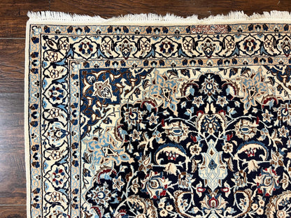 Persian Nain Rug 4x6, Floral, Hand Knotted Vintage Wool & Silk Highlights, Signature from Masterweaver, Navy Blue and Ivory