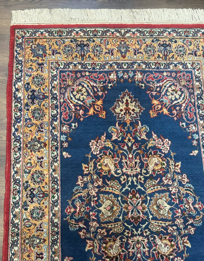 Blue Persian Qum Rug 3.6 x 5 Floral Medallion Navy Field 310 KPSI
