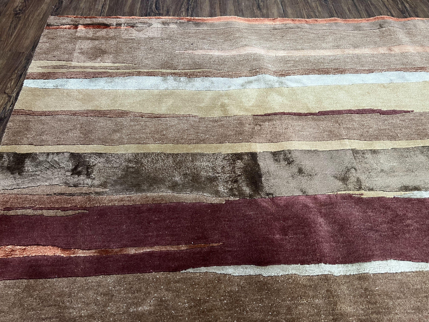 Modern Tibetan Rug 8x11 Nepali Carpet, Shiny Velvely Soft Wool and Silk, Contemporary Hand Knotted Rug, Striped Design, Wool Area Rug 8 x 11