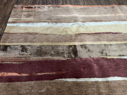 Modern Tibetan Rug 8x11 Nepali Carpet, Shiny Velvely Soft Wool and Silk, Contemporary Hand Knotted Rug, Striped Design, Wool Area Rug 8 x 11