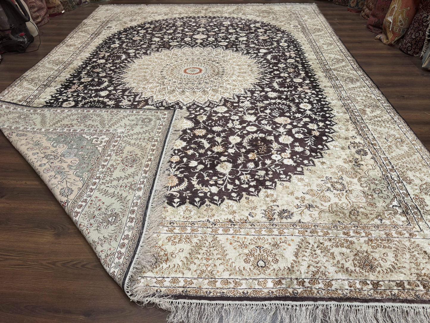 Indian Kashmiri Silk Rug 10x14, Floral Medallion