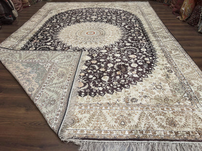 Indian Kashmiri Silk Rug 10x14, Floral Medallion