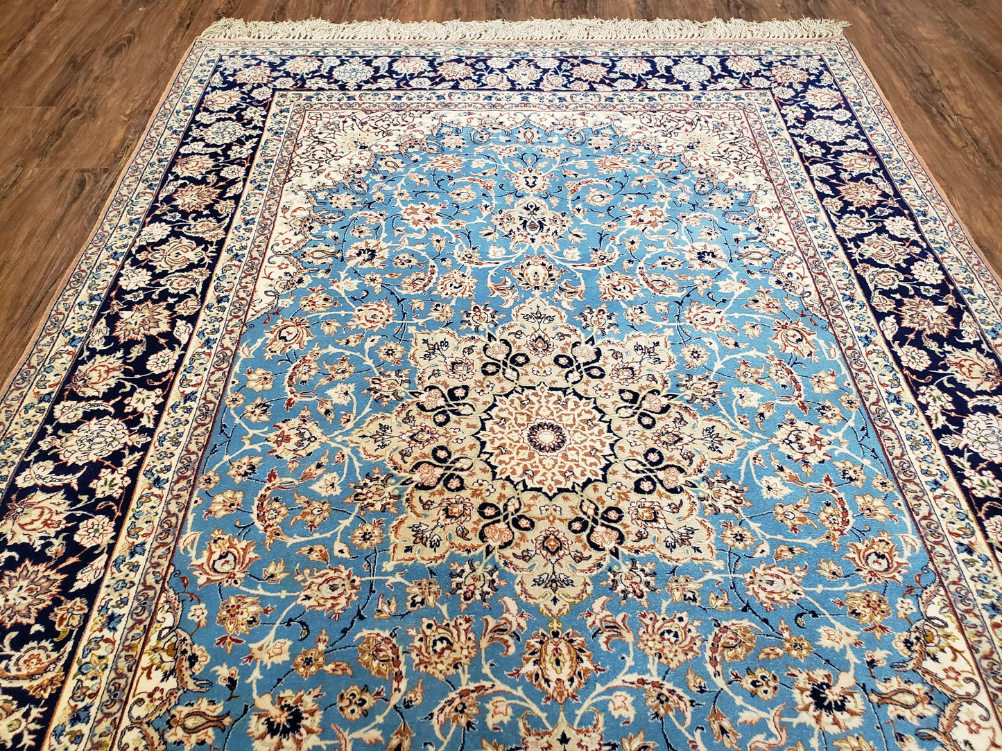 Persian Isfahan Rug Hand Knotted Kork Wool On Silk Foundation Sky Blue Vintage 5 Feet 1 Inch By 7 Feet 8 Inches