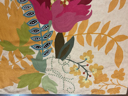 Indian Chain Stitched Rug 4x6, Hand Stitched Indian Embroidery Carpet, Large Floral Design, Contemporary, Cream and Colorful Flowers, Wool