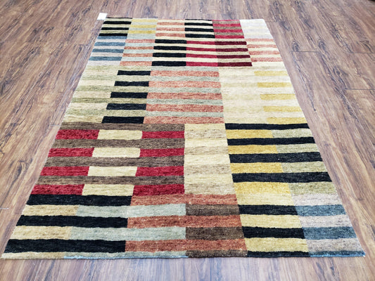 Tibetan Wool Rug Hand Knotted Modern 4x5 Size Multicolor Contemporary Home Decor
