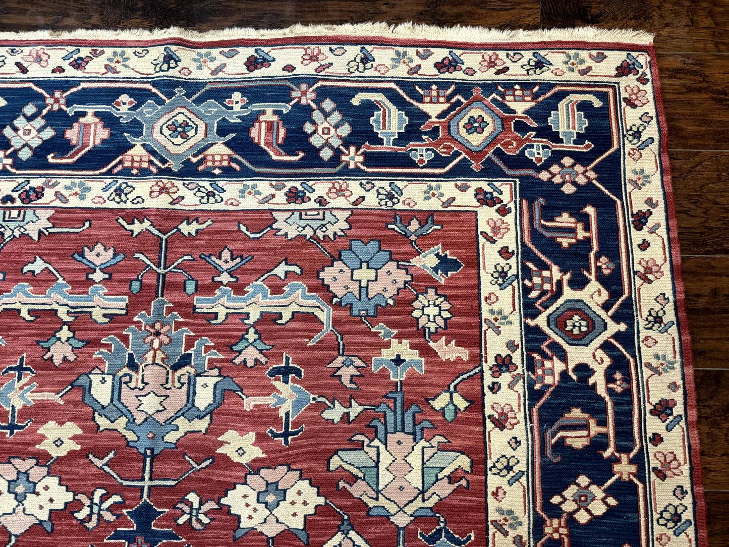 Turkish Flatweave Rug Heriz Design 6x9 Vintage Handknotted Wool Red Blue