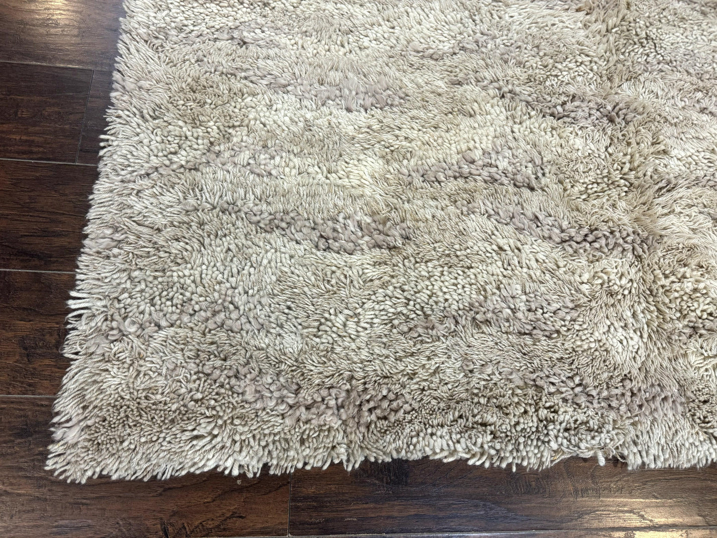 European Rya Shag Rug 6.6 x 9.7 Beige Fluffy Vintage Area Rug
