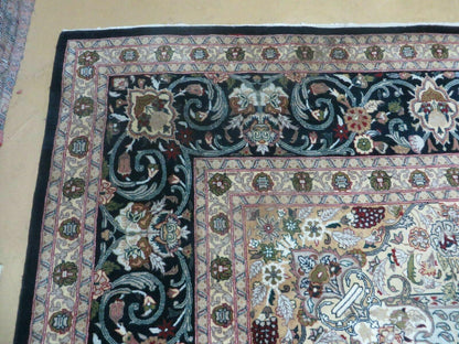Beautiful Sino Persian Rug 9x12, Elegant High Quality Handmade Wool Oriental Carpet, Medallion with Corner Design, Floral, Black and Ivory