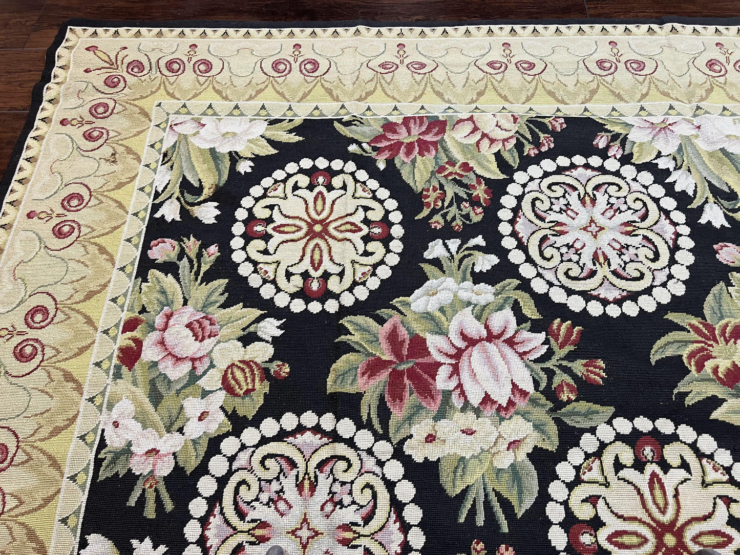Black Wool Needlepoint Rug 9x12 Handwoven European Floral Panel Design Vintage Chinese