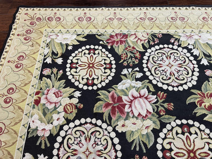 Black Wool Needlepoint Rug 9x12 Handwoven European Floral Panel Design Vintage Chinese