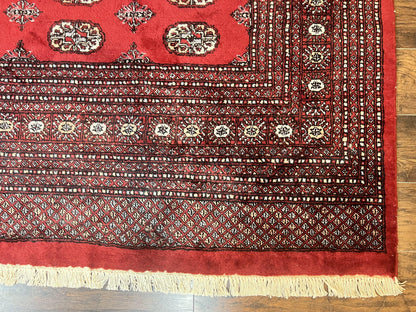 Turkoman Rug 8 x 11.6 Red Bokhara Pakistani Wool Handmade Vintage Carpet
