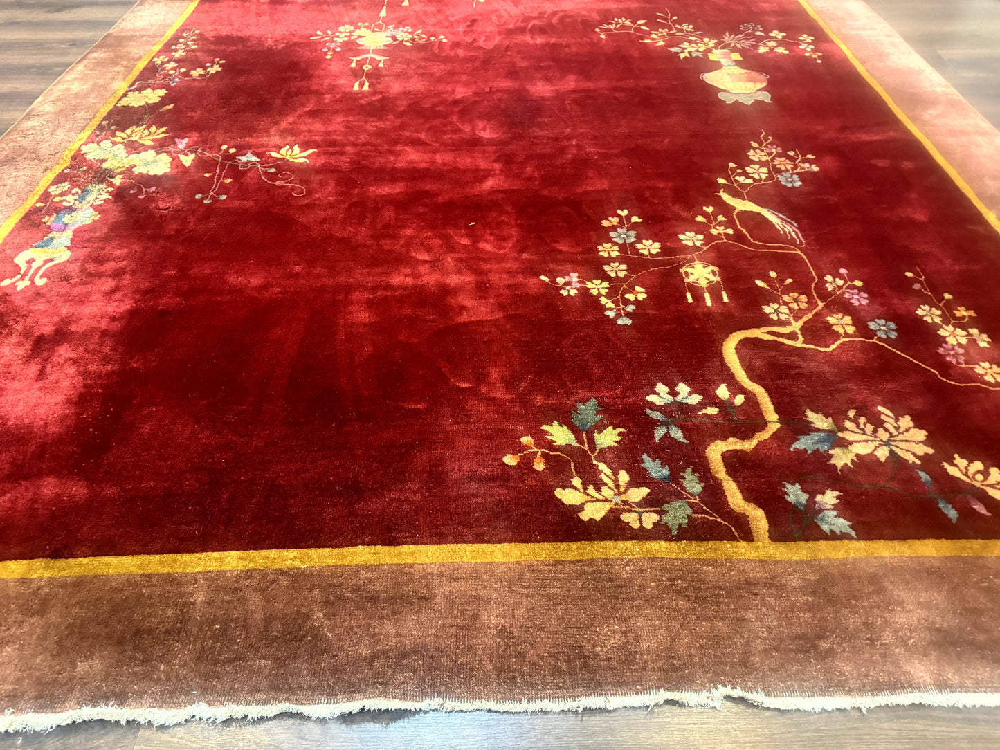 Red Chinese Art Deco Wool Rug 9x11 Handmade Antique Area Rug