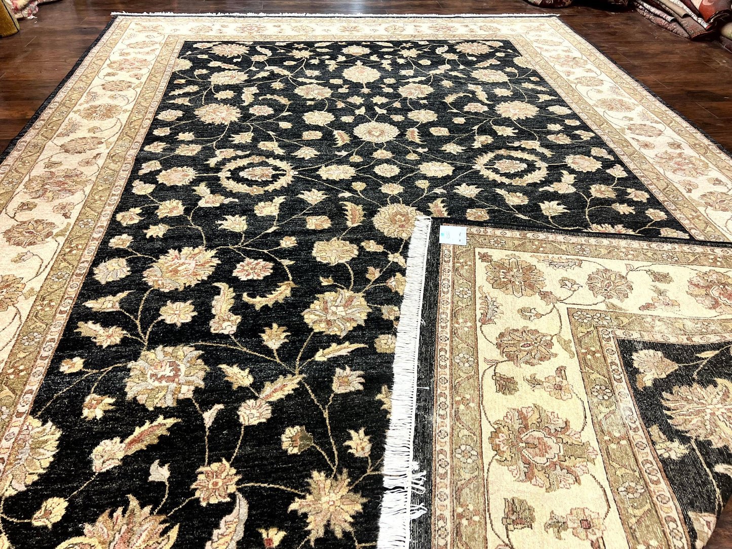 Indo Persian Rug 10x14, Charcoal and Beige, Floral Allover, Handmade Vintage Wool Carpet