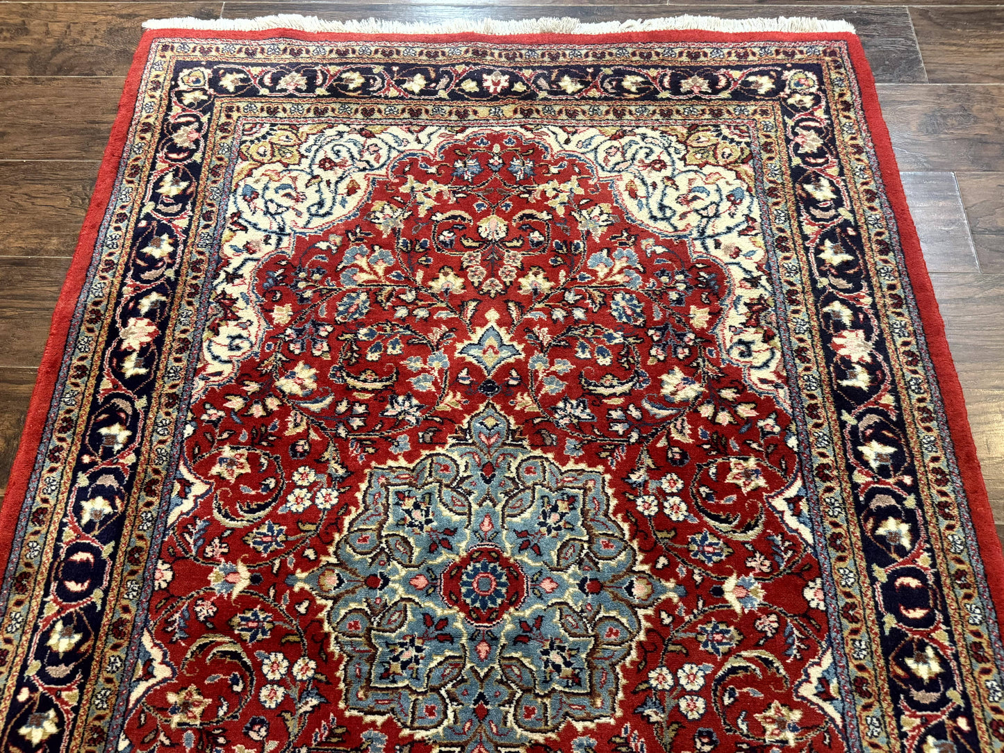Persian Sarouk Rug 4x7, Red Navy Blue Vintage Wool Medallion Carpet