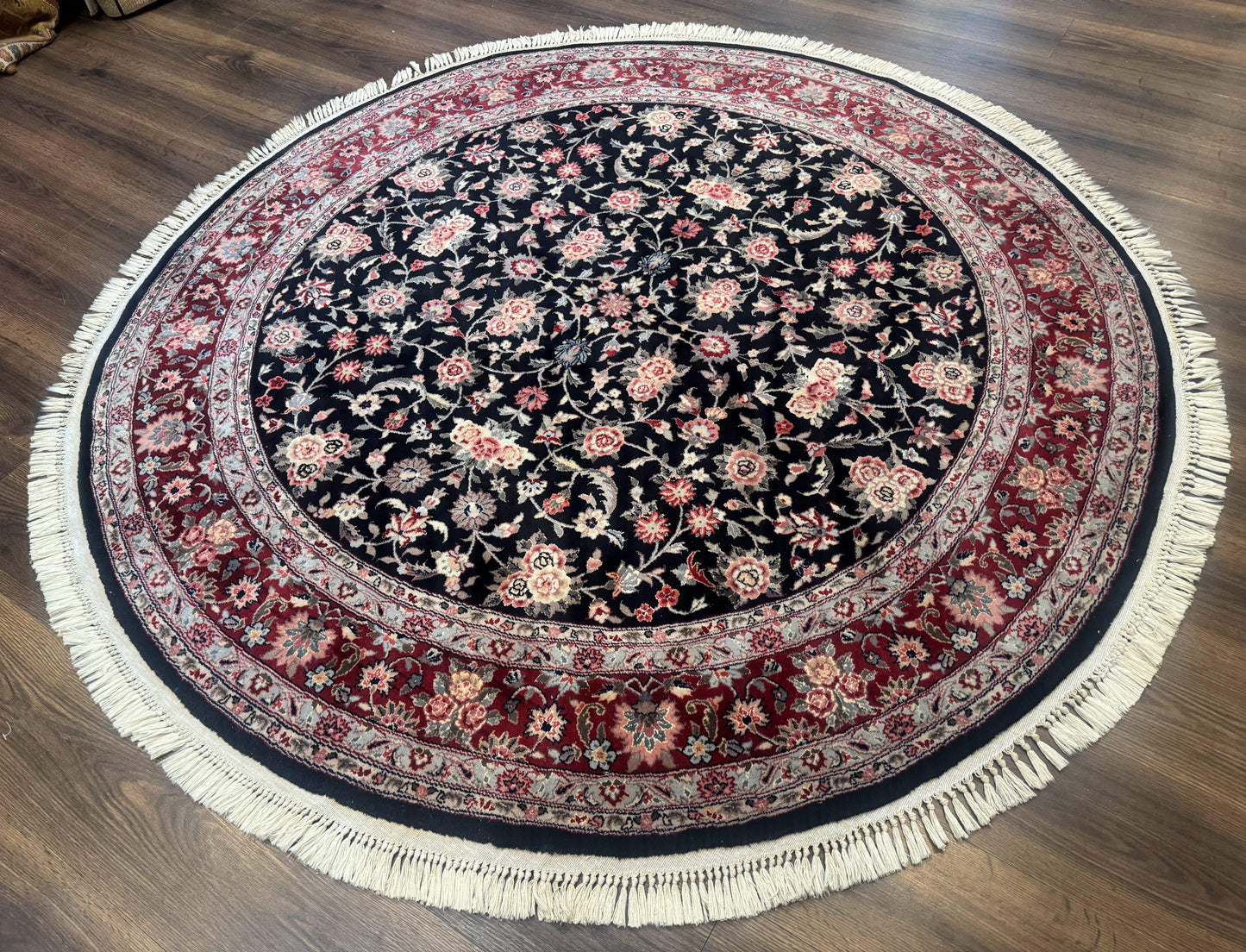 Round Sino Persian Rug 6x6 Floral Navy Blue Red Wool Silk Highlights