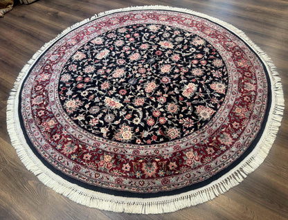 Round Sino Persian Rug 6x6 Floral Navy Blue Red Wool Silk Highlights