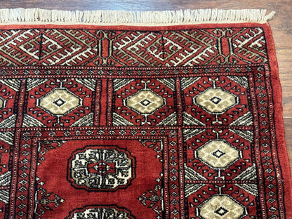 Red Pakistani Turkoman Bokhara Rug 3x5 Vintage Hand Knotted Signed