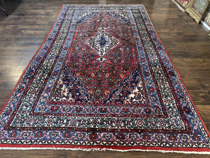 Persian Tribal Rug 6x11, Red Blue Ivory, Antique Persian Carpet, Hamadan Dargazin Carpet