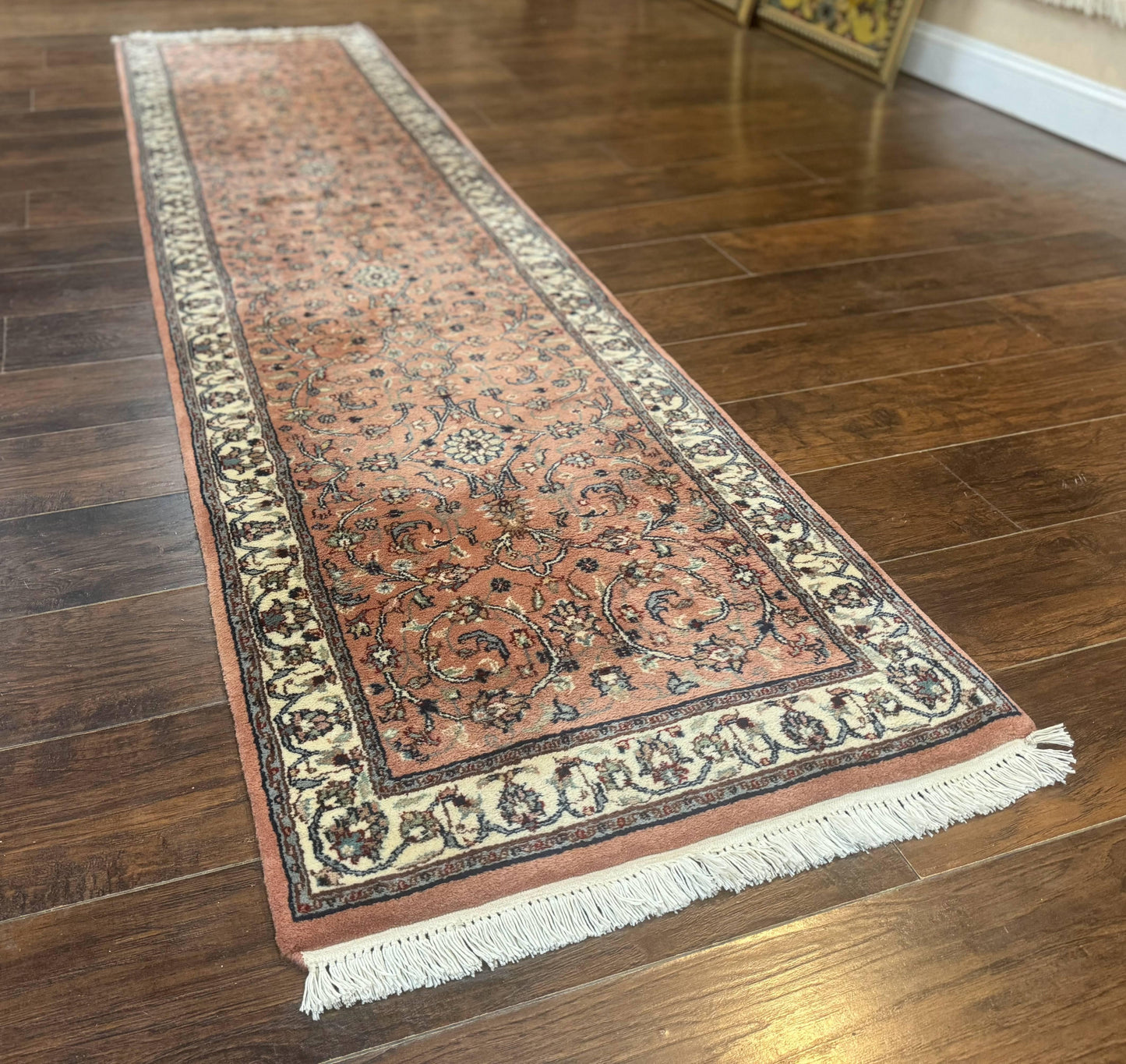Indo Persian Runner Rug 2.6 x 10, Coral and Cream, Hand Knotted 10ft Wool Oriental Runner for Hallway or Kitchen